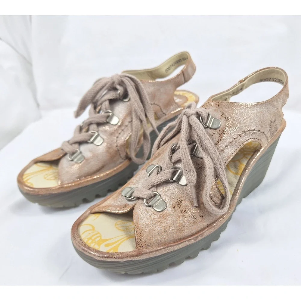 Fly‎ London Yala Rose Gold Metallic Leather Lace Up Wedge Sandals EU 37 US 6-6.5